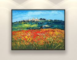 san gimignano painting on canvas, original art, landscape painting, italy painting, poppy painting, impressionist art, l