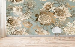 golden wallpaper, floral wallpaper, golden bird and flowers wallpaper, wallpaper art, paper crafts, wall covering, luxur