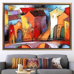 landscape 3d canvas, colorful city wall art decor, colorful city painting canvas art, view glass art, housewarming gift