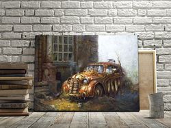 timeless relic,vintage car art, rustic decor, urban painting, antique automobile, industrial wall art, nostalgic artwork
