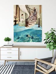 large canvas art, limited edition art, extra large blue diving canvas, artwork, collage art, statement art