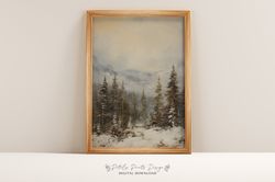 rustic winter landscape print, vintage snowy countryside painting, farmhouse decor xmas digital print, winter decorative