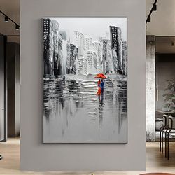 large abstract city landscape oil painting on canvas, romantic couple textured modern urban wall art black painting livi