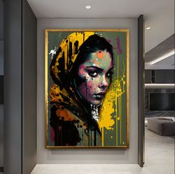 portrait of woman face, woman in turban, colorful art, abstract wall art, abstract female emotions, wall art, canvas wal