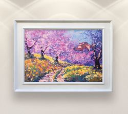 landscape painting on canvas, original art, peach trees painting, tuscany painting, italy art, impressionist art, living