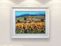 landscape painting on canvas, original art, sunflowers painting, italy painting, tuscany painting, textured, living room