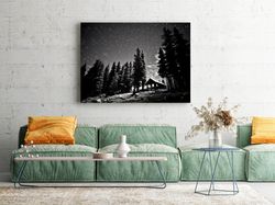 black and white forest cottage on a starry night photo, forest photo, misty forest photo print, gothic landscape photogr