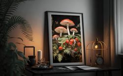 botanical mushrooms decor, woodland mushrooms painting on canvas or paper, dark mushrooms art print, antique oil paintin