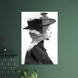 glass art wall decor,wall decor,large glass wall art,girl wearing hat profile and mountains,abstract woman glass art,