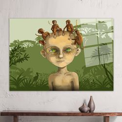 glass art,boy living in the forest,contemporary glass decor,canvas glass art,large glass wall art,boy glass printing,