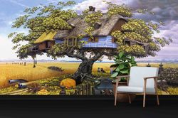 fantasy tree, modern wall paper, bright wall paper, 3d wall paper, childhood dream wall print, fantasy tree wall decor,