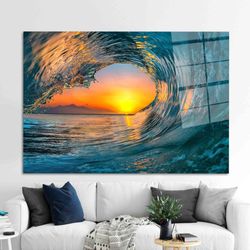 glass printing, glass art, wall decoration, ocean wall art, view tempered glass, wave wall decor, sea wall decor, sunset