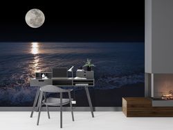 wall stickers, wall hanging, view wall painting, sea and moon view wall paper, wallpaper, moon mural, 3d printing wallpa