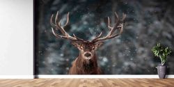 wallpaper by the yard, winter wallpaper, deer wall decals, wild deer wall poster, wall decorations, animal mural, gift f