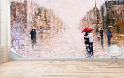 valentines gift mural, city landscape wall paper, couple with red umbrella wall decor, romantic wallpaper, stick on wall