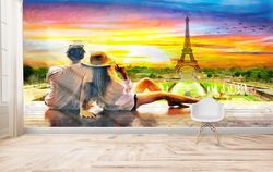view wall print, romantic couple wallpaper, couple watching the eiffel tower wall mural, eiffel wall paper, gift for her