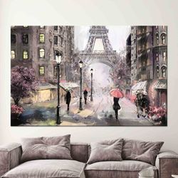 woman with pink umbrella and eiffel canvas, landscape painted, abstract art canvas, cityscape glass wall, girl room deco