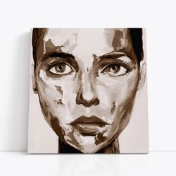 sepia stare,minimalist art, bold brushstrokes, face painting, modern home decor, artistic face, intense gaze, human expr