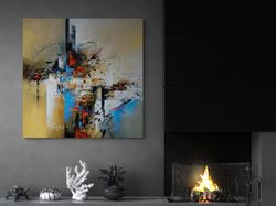 urban harmony abstract cityscape canvas,abstract canvas, home decor, office artwork, neutral palette, blue accents, red