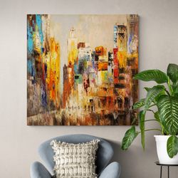 urban melody,abstract painting, acrylic art, cityscape, urban art, modern decor, warm colors, textured artwork, home int