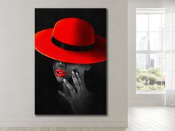 mystery in red,contemporary art, modern decor, red hat, monochrome art, fashion canvas, mystery art, statement piece, bo