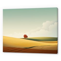 vintage country autumn landscape lonely tree painting style canvas print, farmhouse decor art, neutral nature picture wa