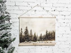 winter landscape wall art, snowy pine trees hanging framed canvas decor sign, natural, neutral, simple, minimal, peacefu