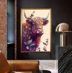 scottish cow canvas painting, highland cow wall decor, cow wall painting, colorful leaf pattern wall decor, animals wall