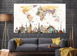 wonders of the world beige art colorful canvas world map wall art push pin print map set wall art photo print photo deco