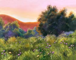 wildflowers spring original painting, field landscape oil painting, sunset flowers wall art, spring landscapes art, coun