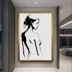 women's line art canvas, minimal woman wall art, woman nude body art, nude woman wall art set, abstract woman body canva