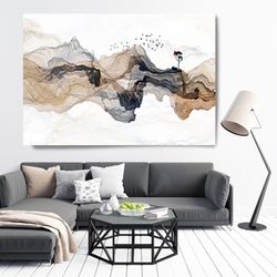 japanese abstract watercolor mountain birds tree  landscape wall art,japanese wall decor,mountain canvas wall art print,