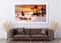 joseph farquharson herding sheep in a winter landscape at sunset print on canvas, winter landscape, canvas wall art, rea