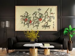 kawanabe kyosai frogs bearing persimmons and riding lizards japanese print on canvas, bedroom decor, frogs painting, can