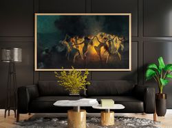 joseph tomanek - nymphs dancing to pans flute, fire dance print on canvas or paper, original large art, witches magic, n