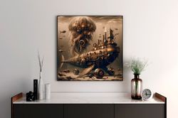 jellyfish and whale-shaped submarine under the ocean poster, steampunk art, ocean life poster, sea poster, sea life deco