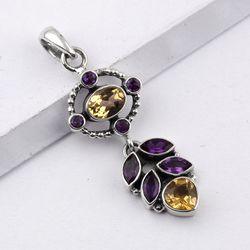 amethyst, citrine, gemstone pendant with 925 sterling silver statement pendant jewelry christmas day gift for her