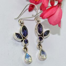 rainbow moonstone, iolite with 925 sterling silver statement dangle earrings jewelry christmas day gift for her