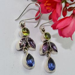 peridot, amethyst, blue quartz with 925 sterling silver statement dangle earrings jewelry christmas day gift for her