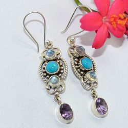 turquoise, rainbow moonstone amethyst with 925 sterling silver statement dangle earrings christmas day gift for her