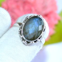 labradorite gemstone solid 925 sterling silver, designer statement ring size 7 us, christmas day, gift for her