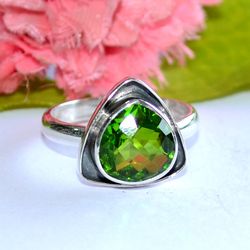 green quartz gemstone solid 925 sterling silver, designer statement ring size 8 us, christmas day, gift for her