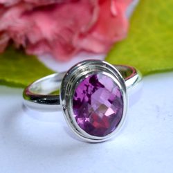 pink quartz gemstone solid 925 sterling silver, designer statement ring size 7 us, christmas day, gift for her