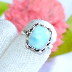 larimar gemstone solid 925 sterling silver, designer statement ring size 7 us, christmas day, gift for her