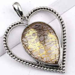 golden rutile quartz gemstone, 925 sterling silver handmade pendant jewelry with free shipping by sjd-p-318