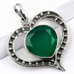 green onyx gemstone, 925 sterling silver handmade heart shape pendant jewelry with free shipping by sjd-p-323