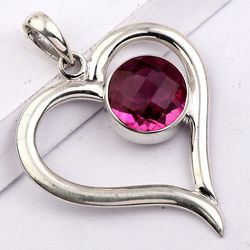 pink quartz gemstone, 925 sterling silver handmade heart shape pendant jewelry with free shipping by sjd-p-326