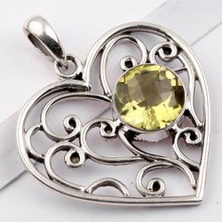 lemon quartz gemstone, 925 sterling silver handmade heart shape pendant jewelry with free shipping by sjd-p-329