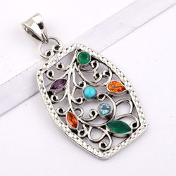 multi colored gemstone, 925 sterling silver designer floral pendant jewelry with free shipping by sjd-p-335
