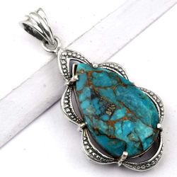copper turquoise, pear shape gemstone, 925 sterling silver, designer pendant jewelry, with free shipping by sjd-p-398b